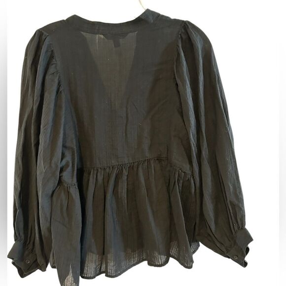 Banana Republic Black Boho Embroidered Long Balloon Sleeve 100% Cotton Blouse S - Picture 2 of 9